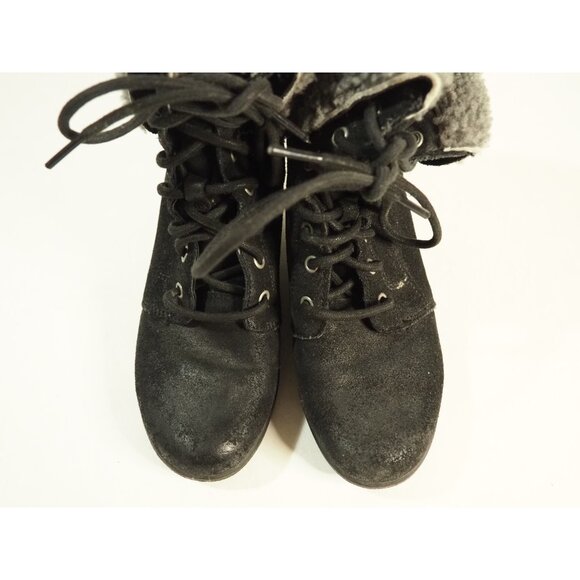Ugg Zea Black Leather Fold-over Gray Sheepskin Detail Wedge Heel Winter Boots, 5 - Picture 2 of 10
